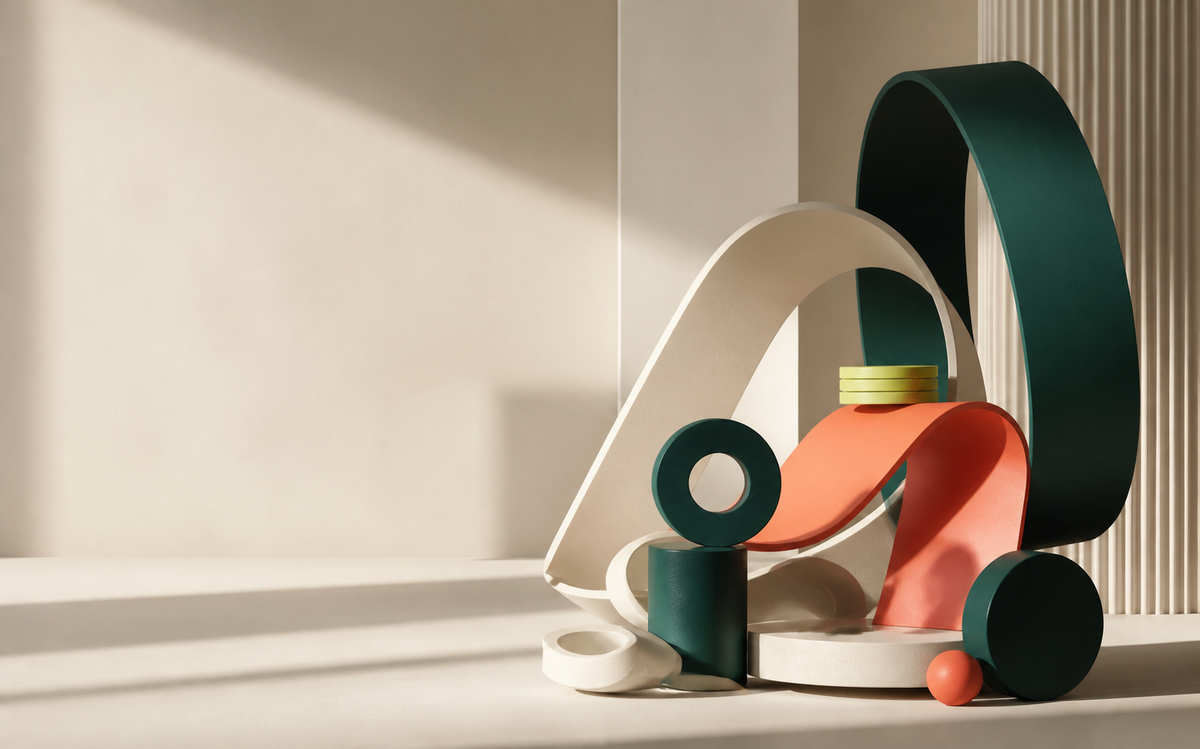 Abstract sculptural forms suggesting movement and organisation