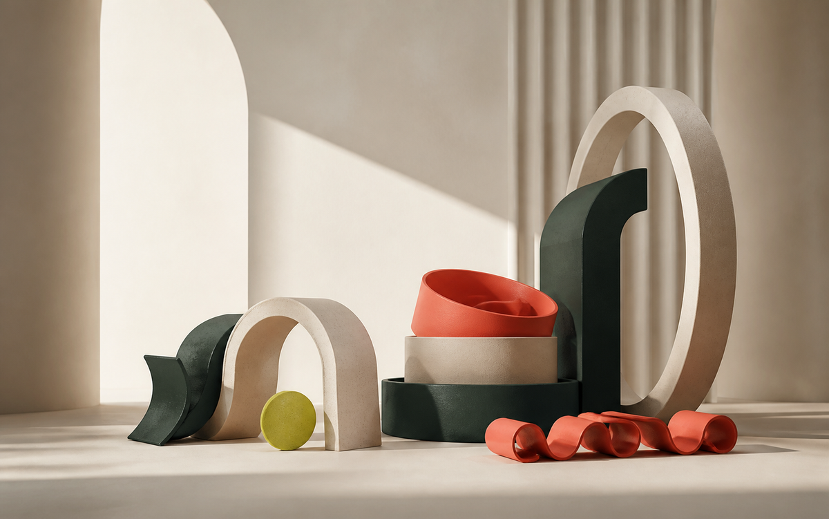 Abstract sculptural forms arranged to suggest preparation and organisation